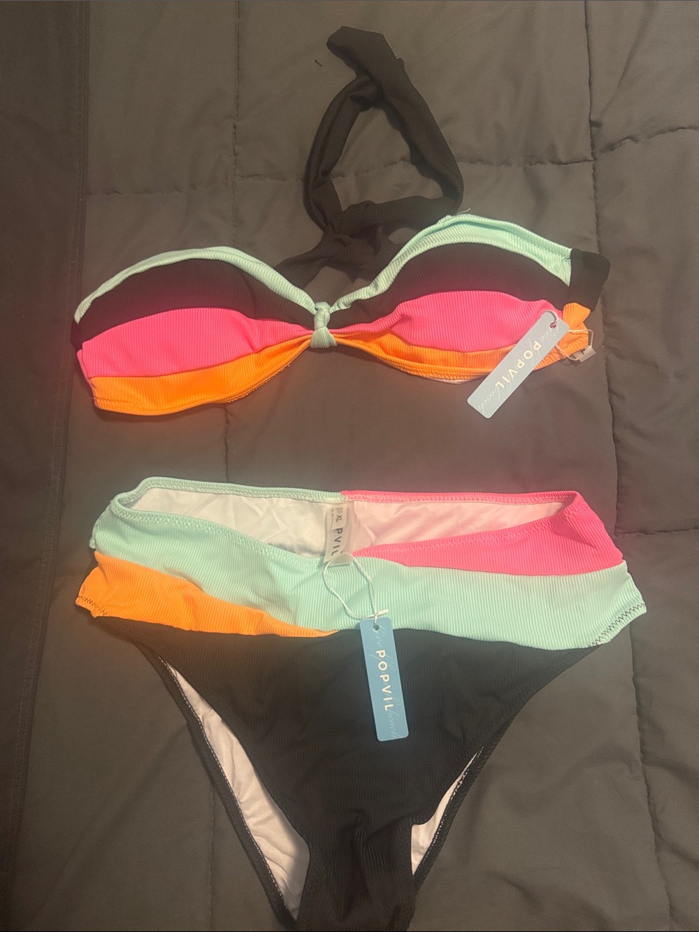 Popvil Bandeau Bikini Set - Black, Pink, Orange, Mint Large top, XL bottom